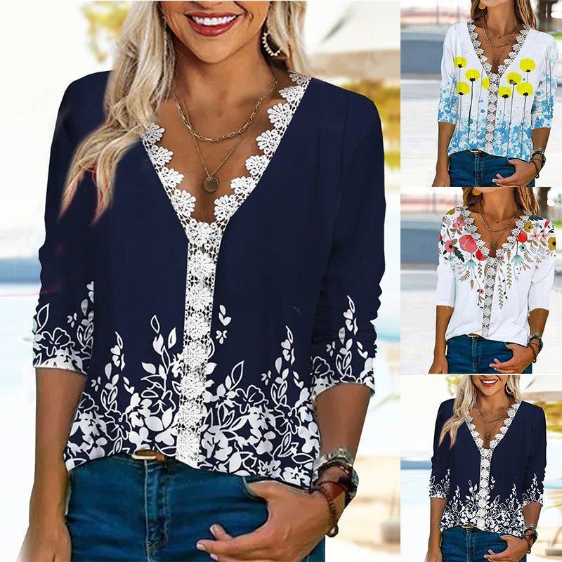 Loose And Comfortable Casual Lace V-neck Printed Women's T-shirt - Jointcorp