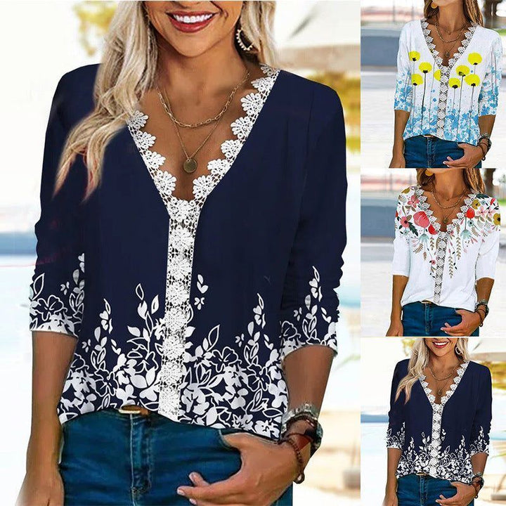 Loose And Comfortable Casual Lace V-neck Printed Women's T-shirt
