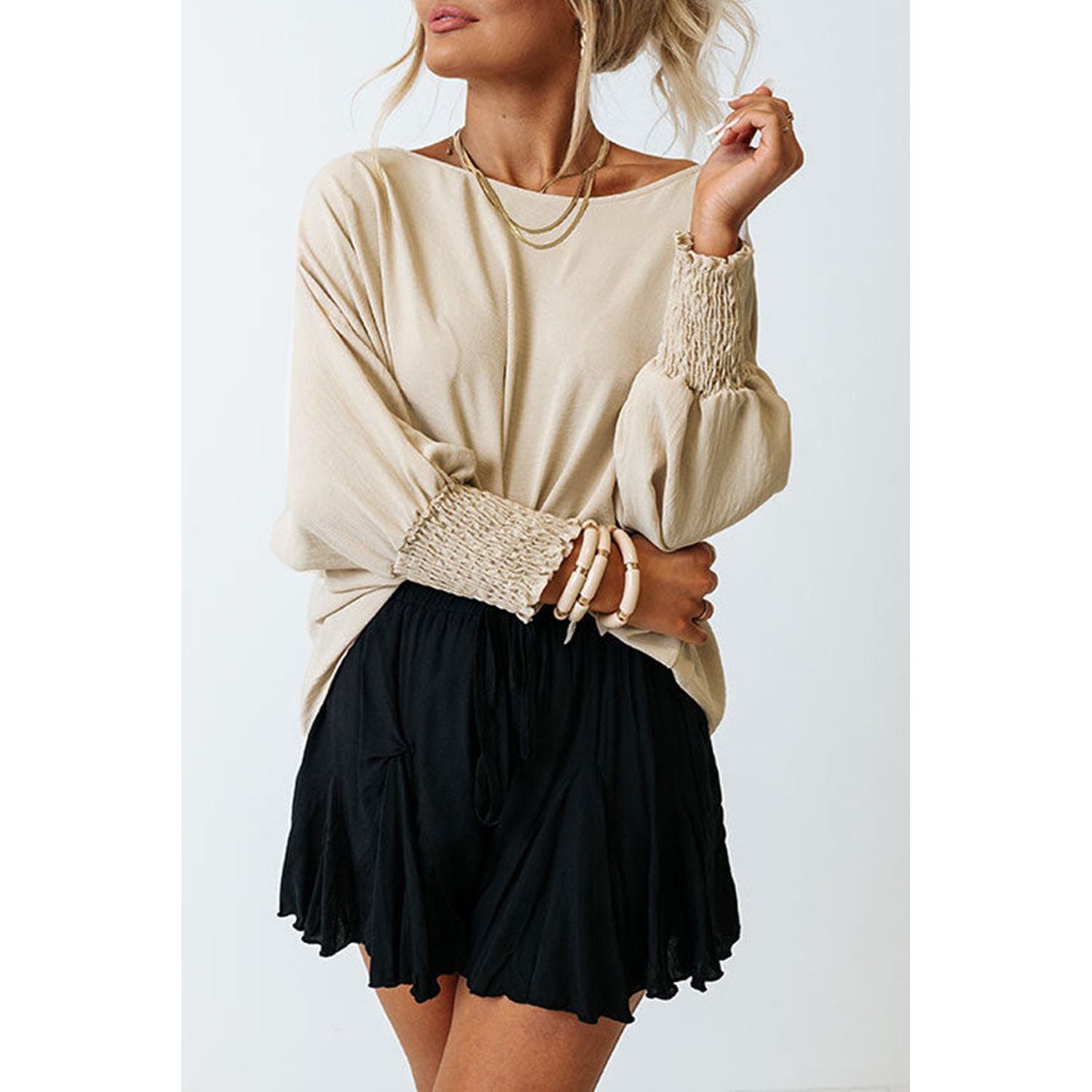 White Plain & Casual Shirred Cuffs Half Sleeve Top