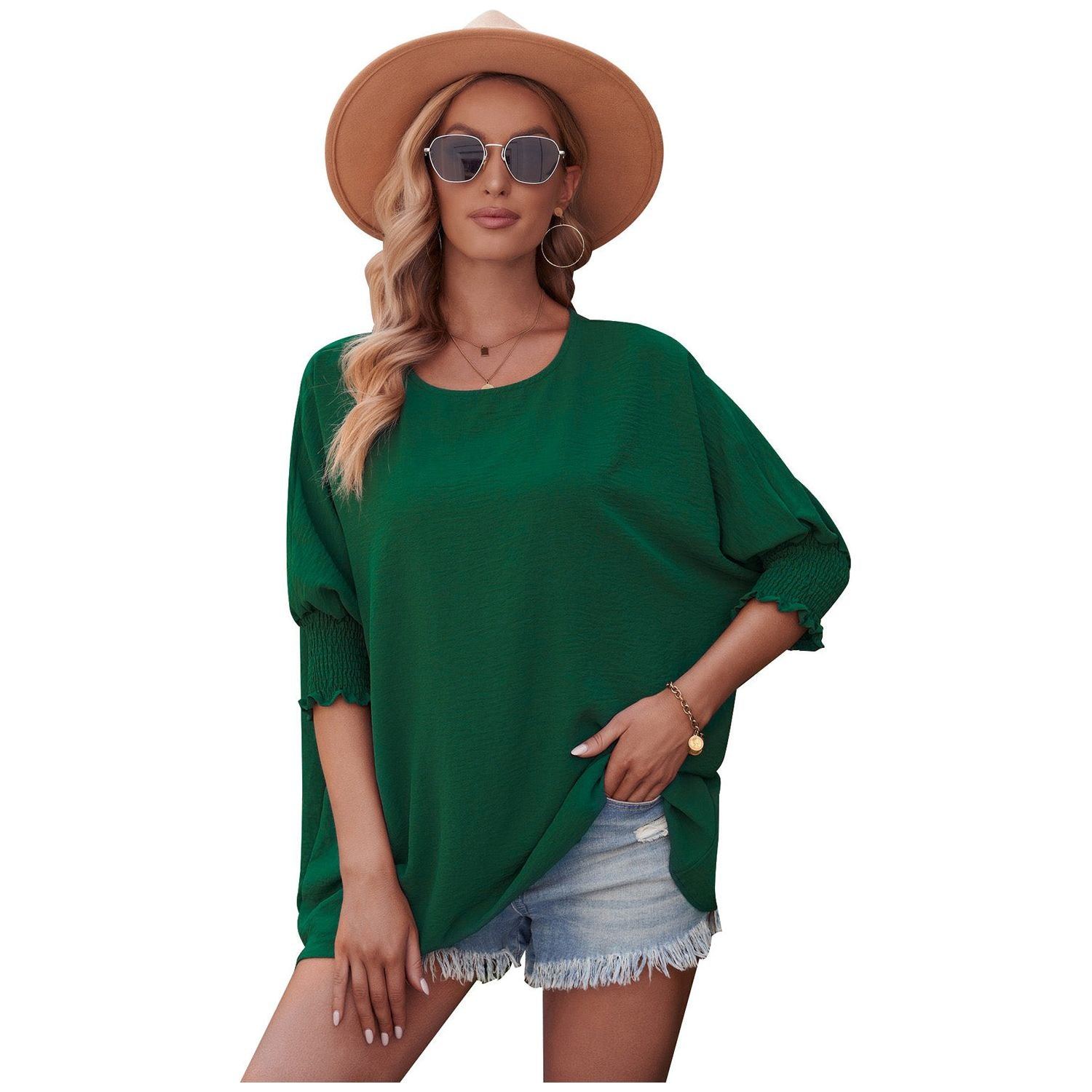 White Plain & Casual Shirred Cuffs Half Sleeve Top