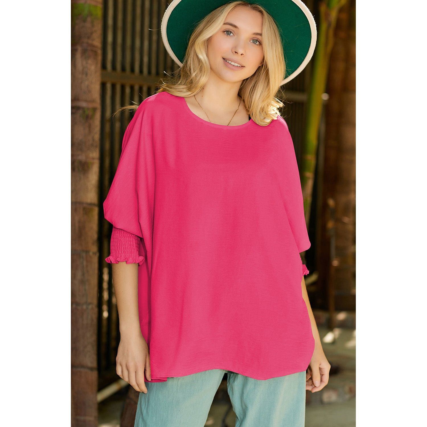 White Plain & Casual Shirred Cuffs Half Sleeve Top