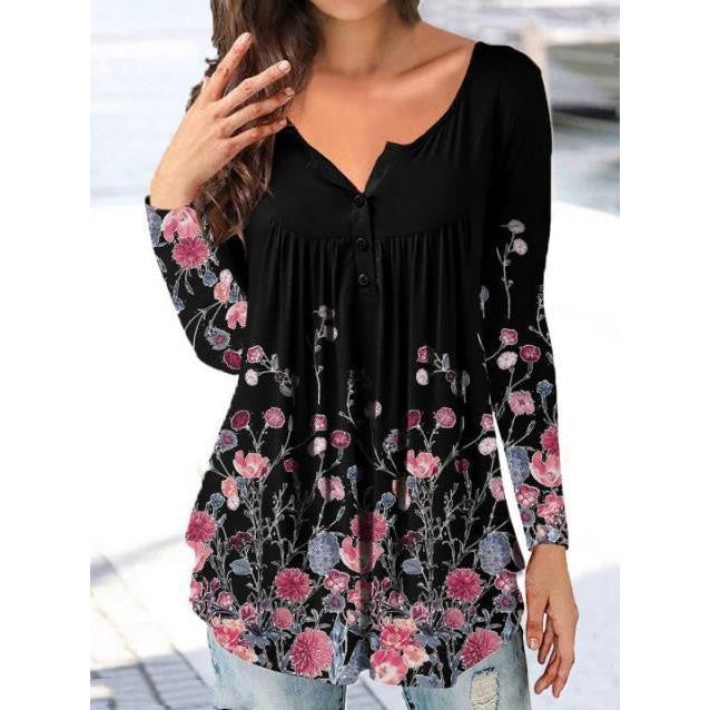 Loose Floral Print Half Open Button Top - Jointcorp