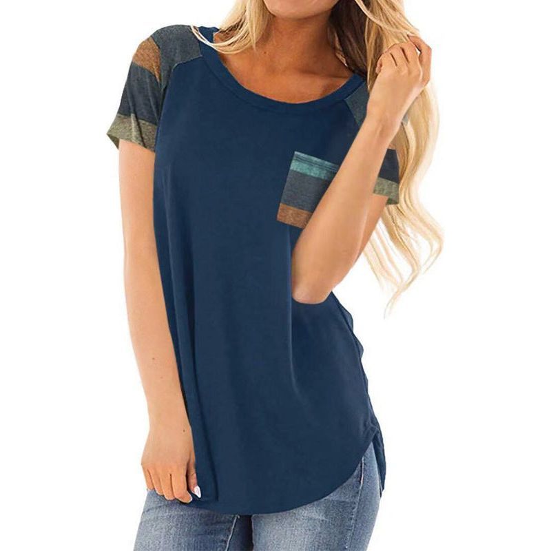 Spring Summer Stripes Pocket Stitching Loose Short-sleeved Top For Women