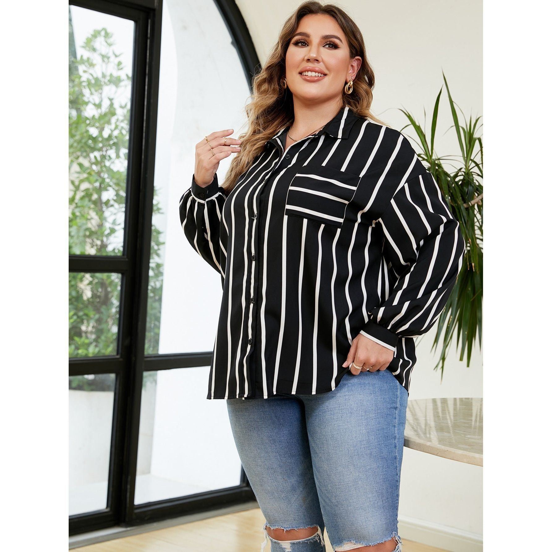 Commuter Relaxed Autumn And Winter Lapel Striped Shirt - Jointcorp