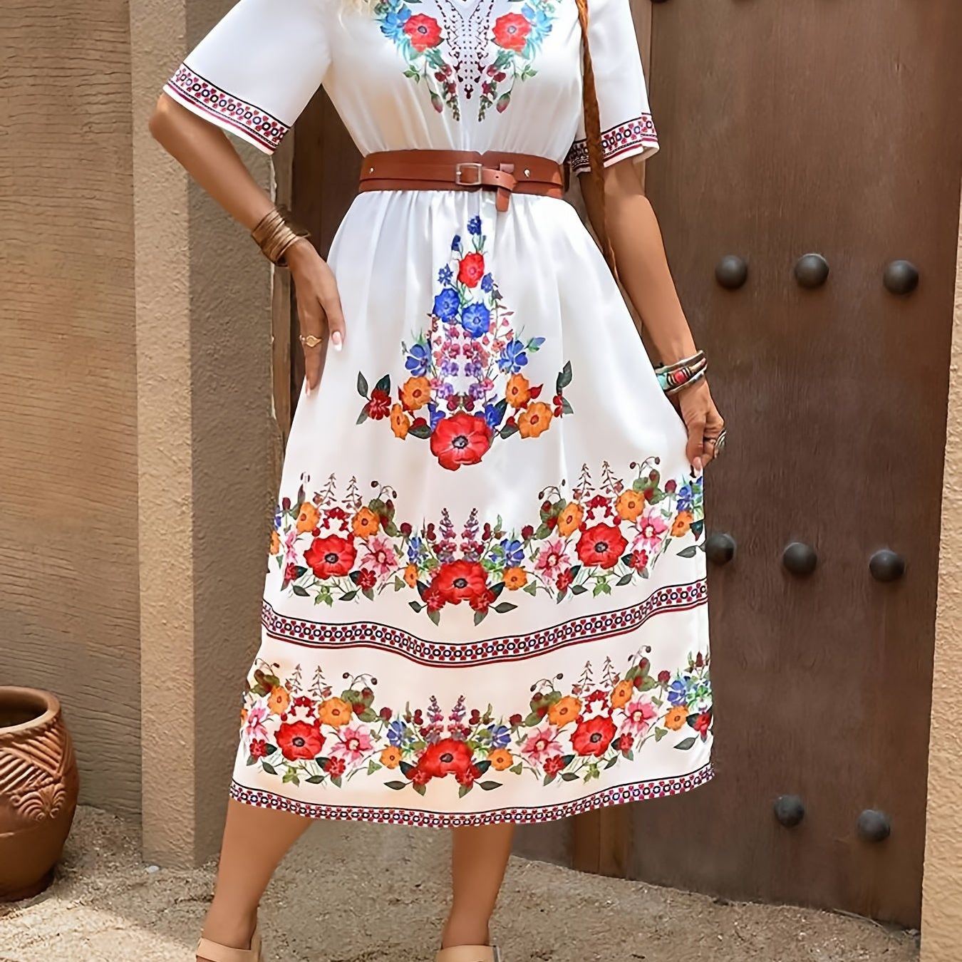 Floral Print Contrast Trim V-neck Dress, Ethnic Half Sleeve Aline Dress For Spring & Summer, Women's Clothing