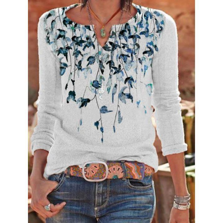 European And American Round Neck Leaves Printed V-neck Casual Loose-fitting T-shirt