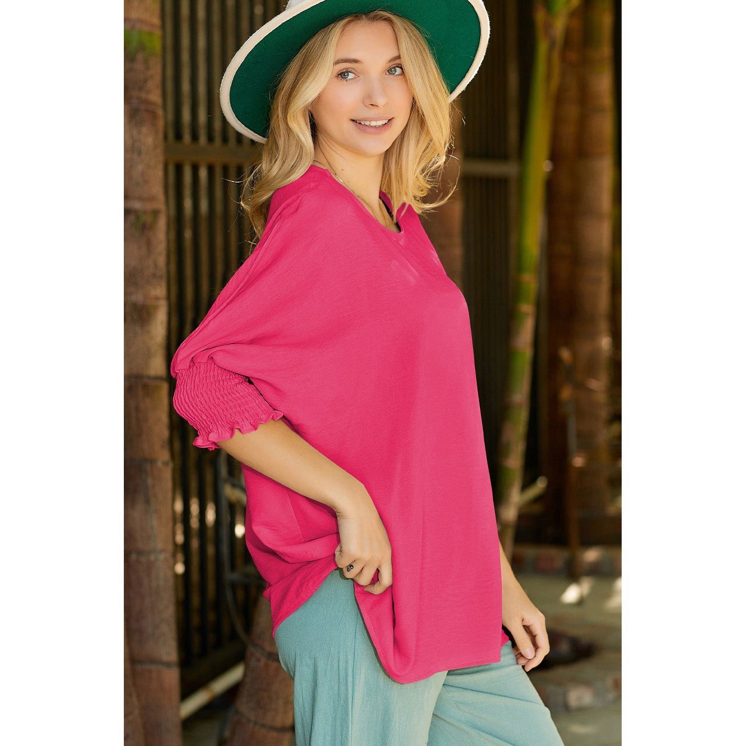 White Plain & Casual Shirred Cuffs Half Sleeve Top