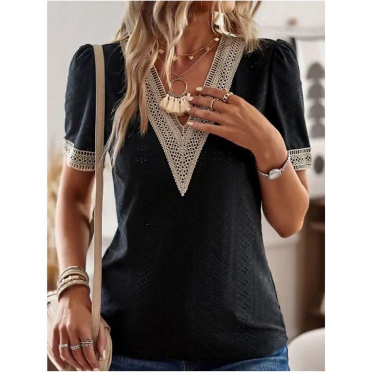 Women's V-neck Lace Loose Top Hollow Out Short Sleeve Shirt - Jointcorp