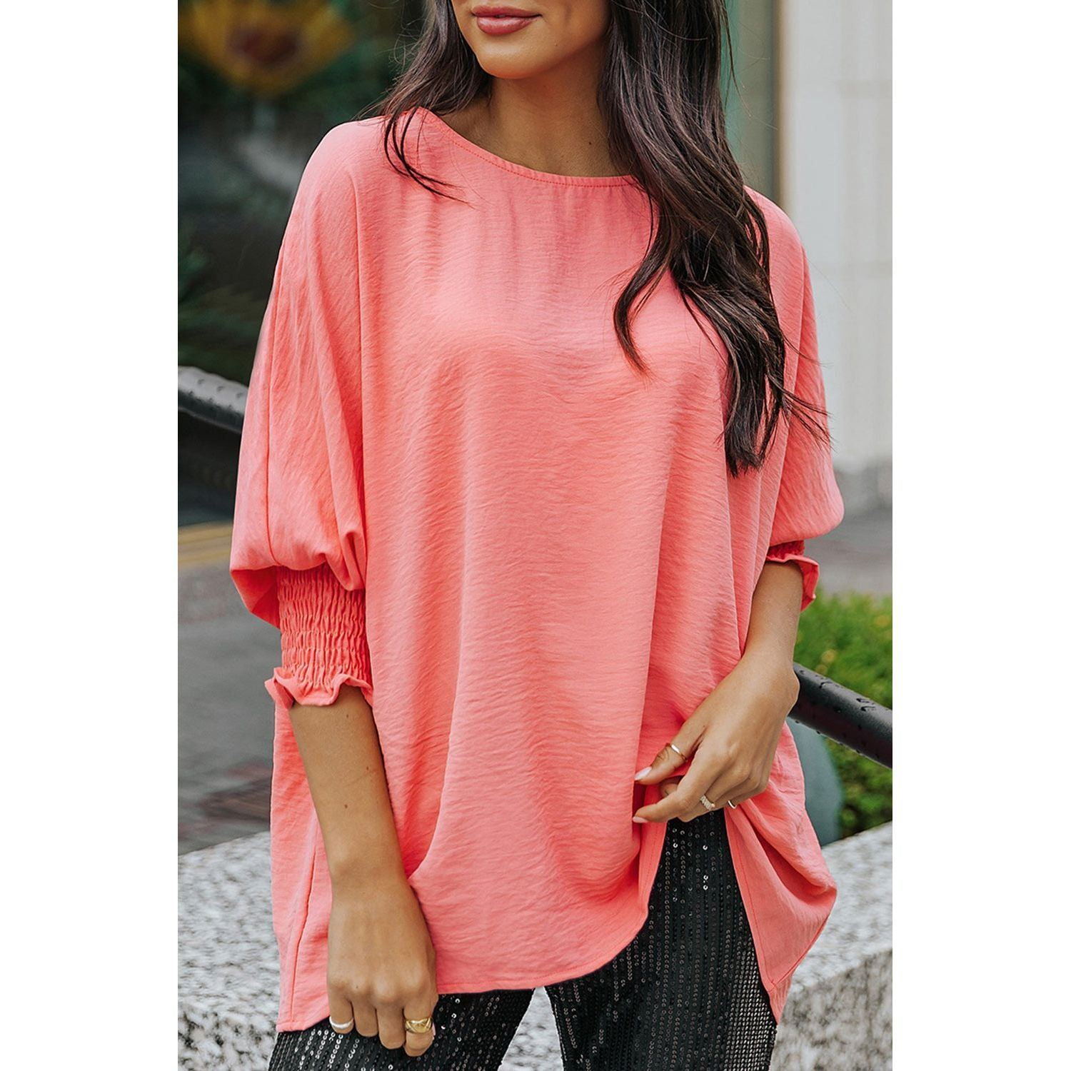 White Plain & Casual Shirred Cuffs Half Sleeve Top