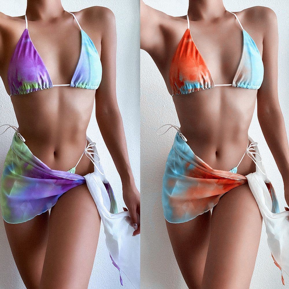 Three Piece Tie Dye Swimsuit With Strappy Bikini