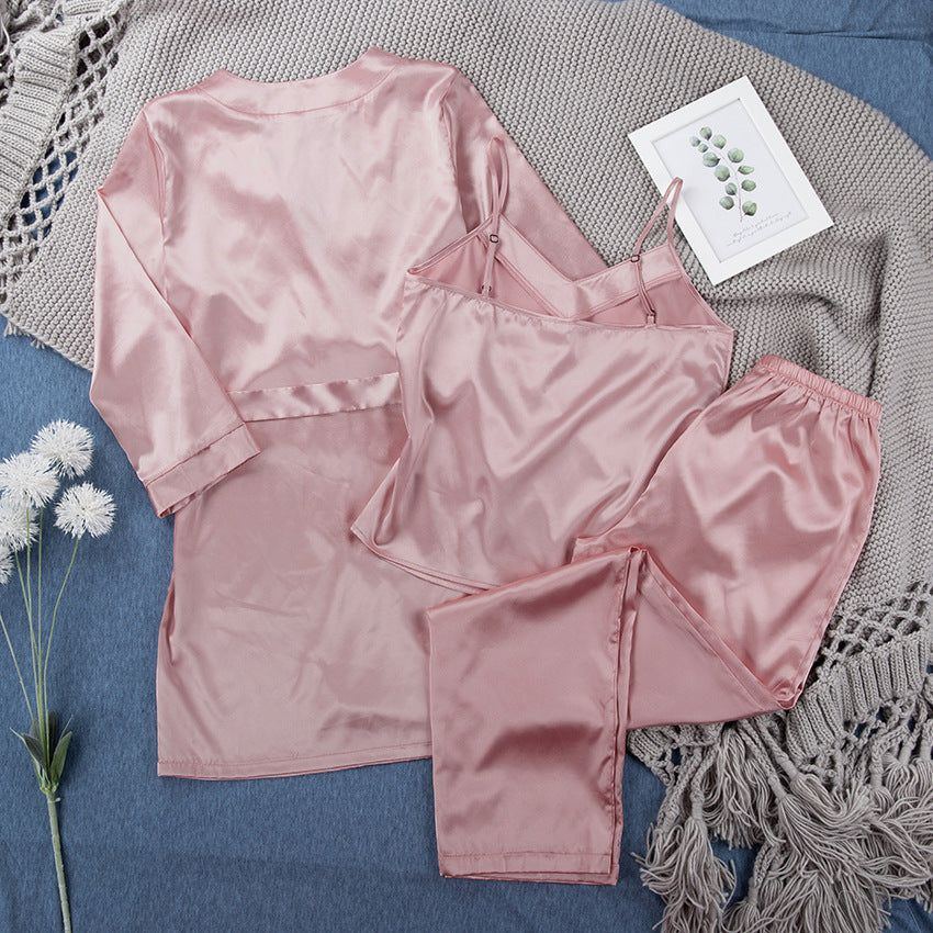 Satin Pink Simple Pajamas Suit Women Night Gown Pajamas Simulation Silk Home Service - Jointcorp