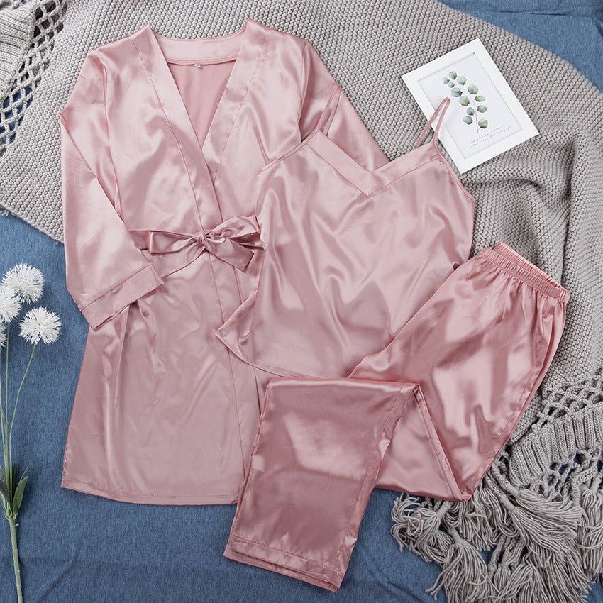 Satin Pink Simple Pajamas Suit Women Night Gown Pajamas Simulation Silk Home Service - Jointcorp