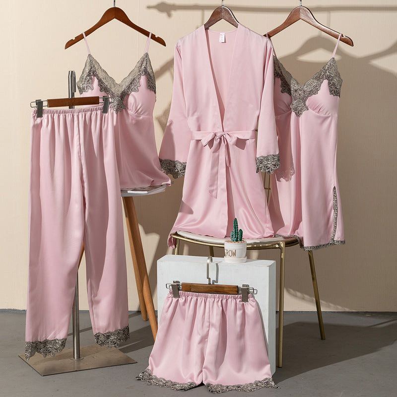 Pajamas Women Summer Ice Silk Sexy Five-piece Suspenders - Jointcorp