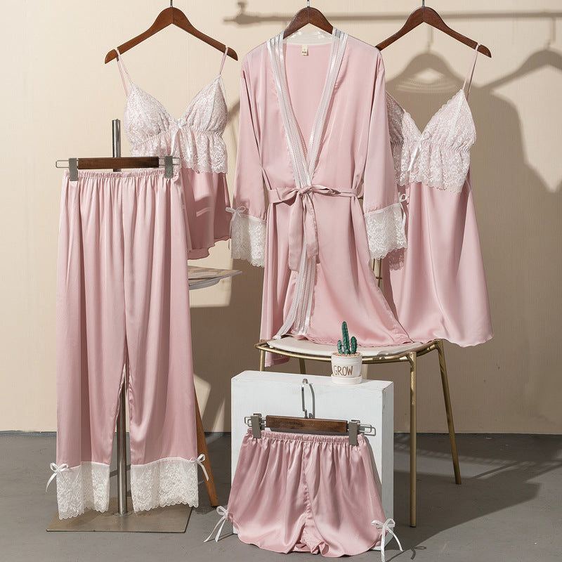 Pajamas Women Summer Ice Silk Sexy Five-piece Suspenders - Jointcorp