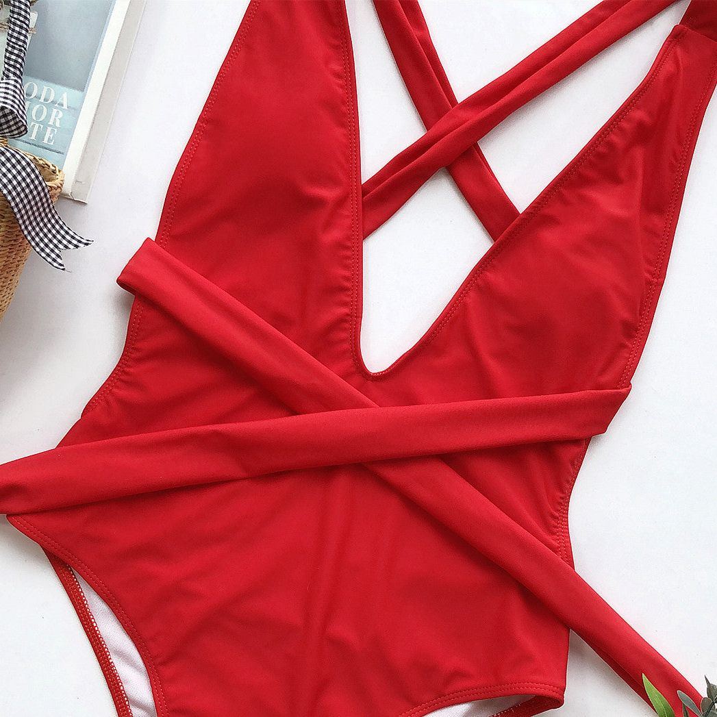 Swimsuit Women Push Up Lace Tie Bodysuit Brazil Deep V Neck Halter Swimsuit Swimwear