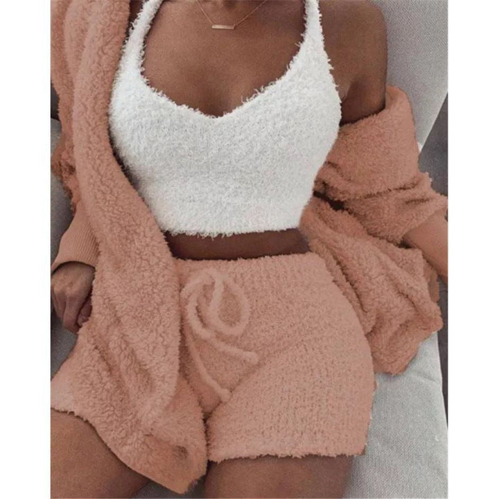 Pajamas Set Soft Warm Long Sleeve Exposed Navel Vest Shorts Set - Jointcorp
