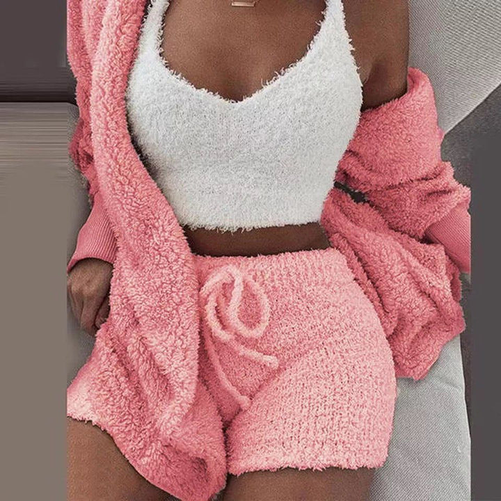 Pajamas Set Soft Warm Long Sleeve Exposed Navel Vest Shorts Set - Jointcorp