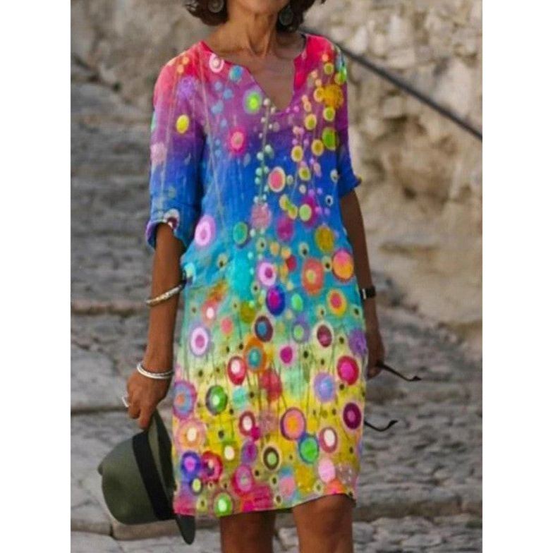 Casual Floral Print V-neck Pullover Dress - Jointcorp
