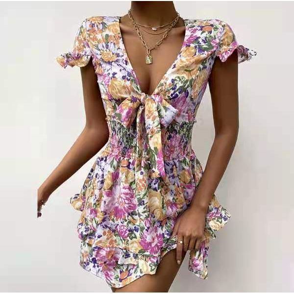 Summer Women's Bow Print Lace Mid Length Dress - Jointcorp