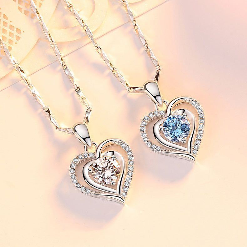 Silver Love Necklace Women Japanese And Korean Simple Heart-shaped Diamond Pendant When - Jointcorp