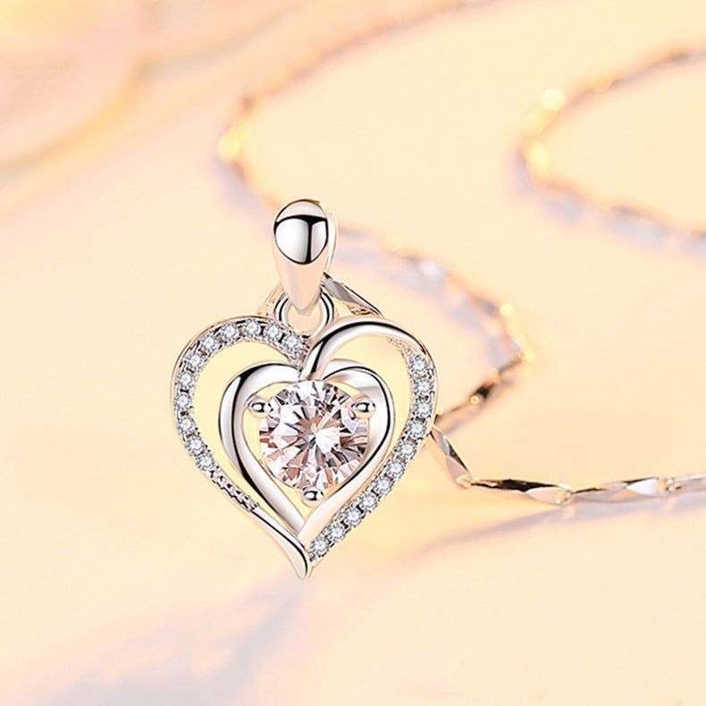Silver Love Necklace Women Japanese And Korean Simple Heart-shaped Diamond Pendant When - Jointcorp