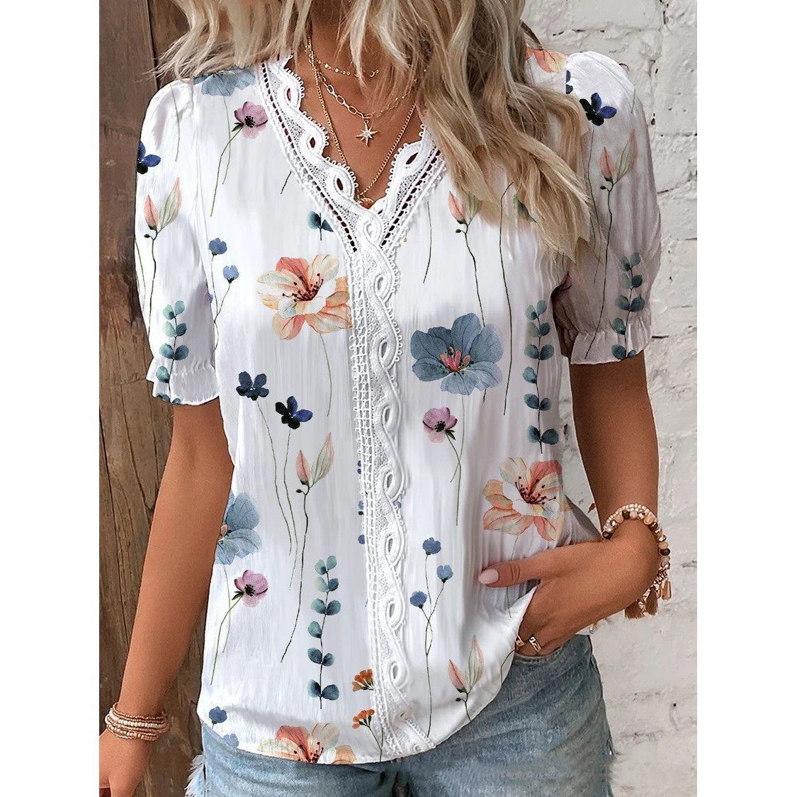 V Neck Lace Short Sleeve Printing For Fashion