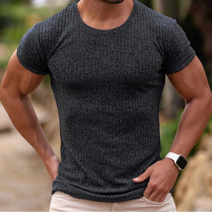Men's Summer Sports Fitness Casual Stand Collar Elastic Vertical Bar Round Neck Short Sleeve T-shirt - Jointcorp