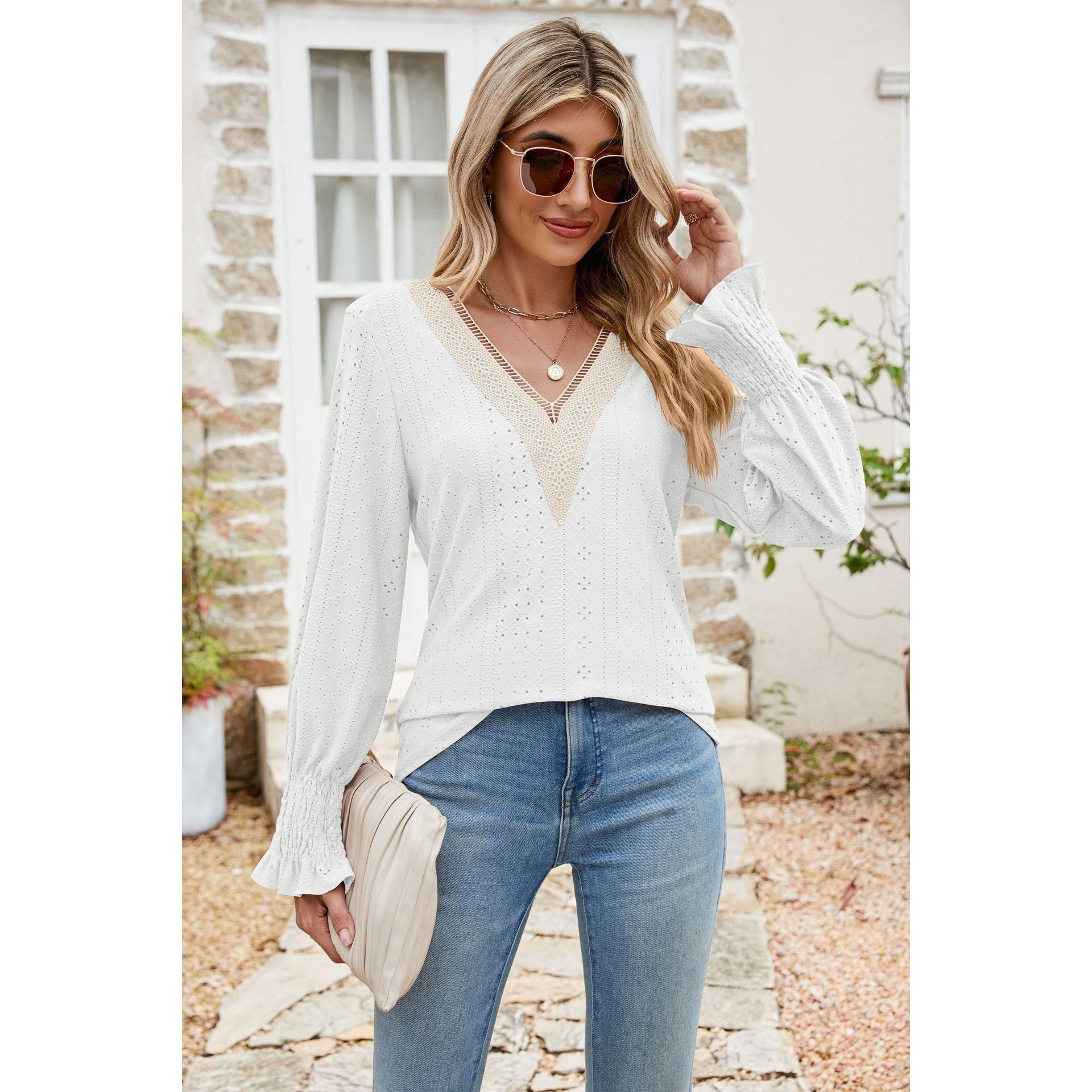Solid Color Lace V-neck Patchwork Long Sleeve Loose-fitting T-shirt Top