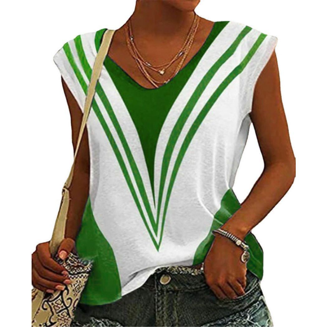 V-neck Casual Loose Striped Printed Short Sleeve T-shirt