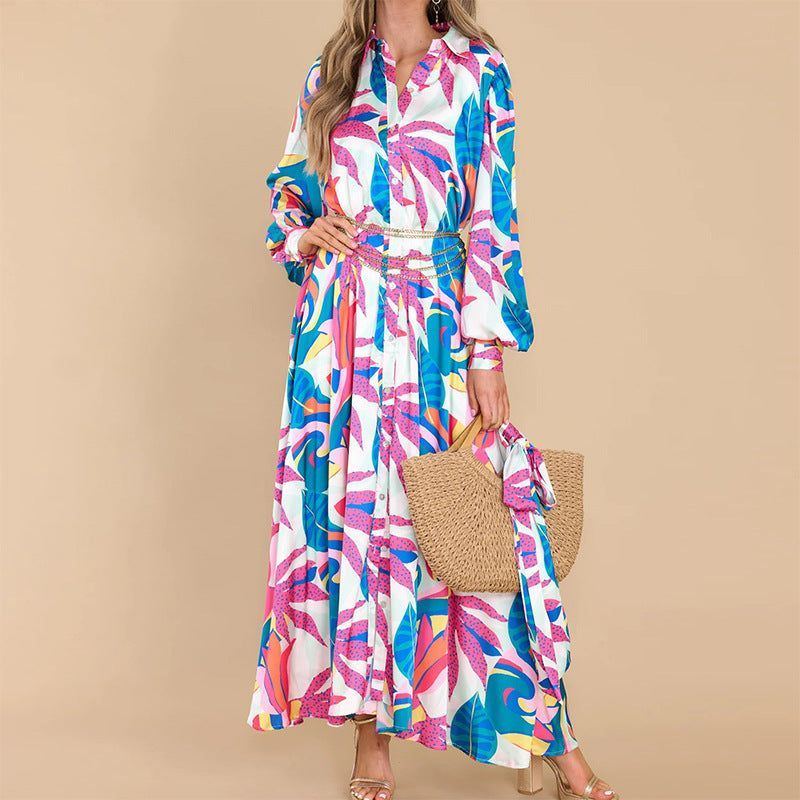 New Printed Dresses Long-sleeved Polo Collar Oversized Hem Dresses Women - Jointcorp