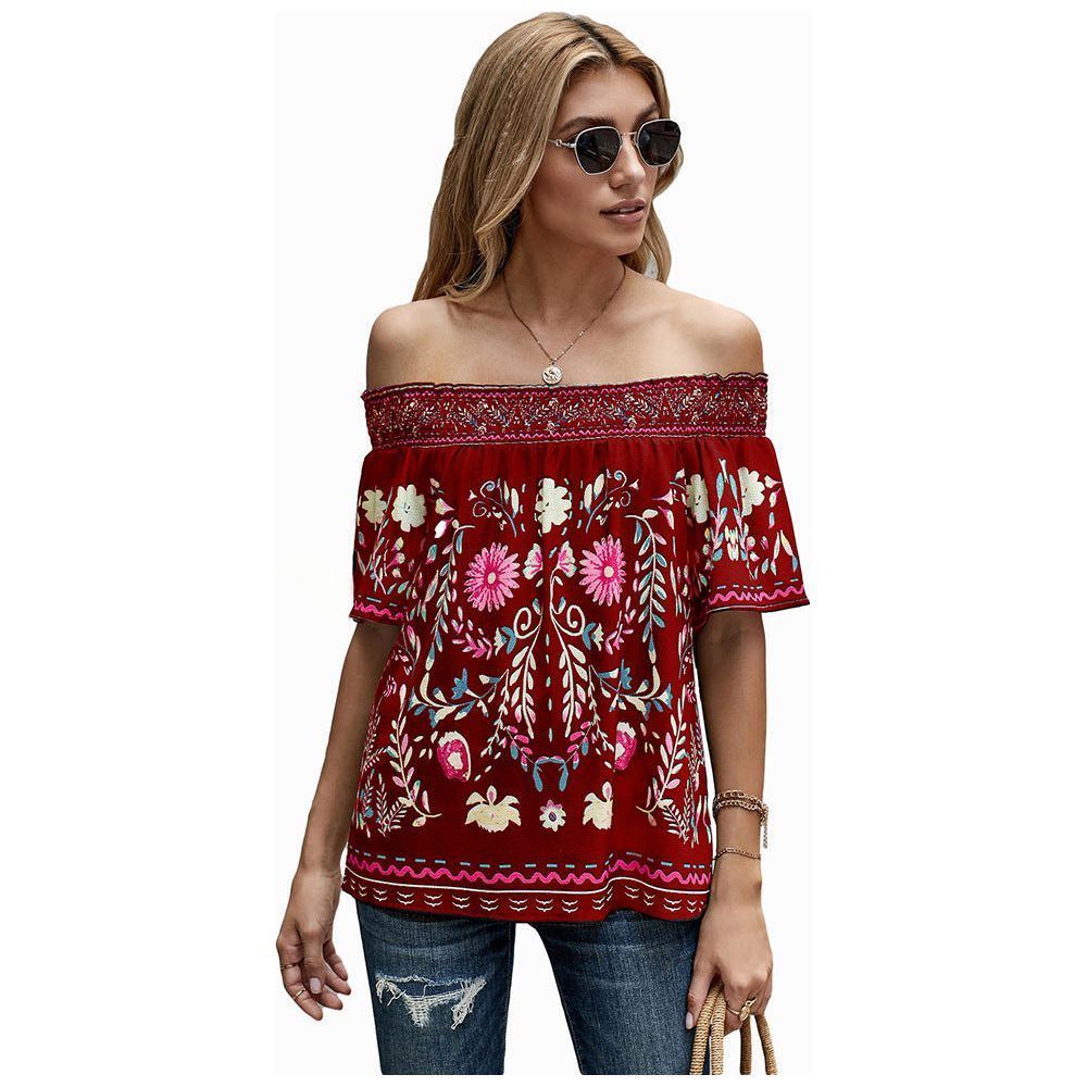 Women's Printed T-shirt Loose Off Shoulder Top