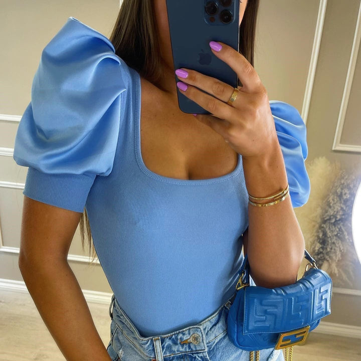 Women's Fashion Low Cut Round Neck Puff Sleeve Thread Slim - Jointcorp