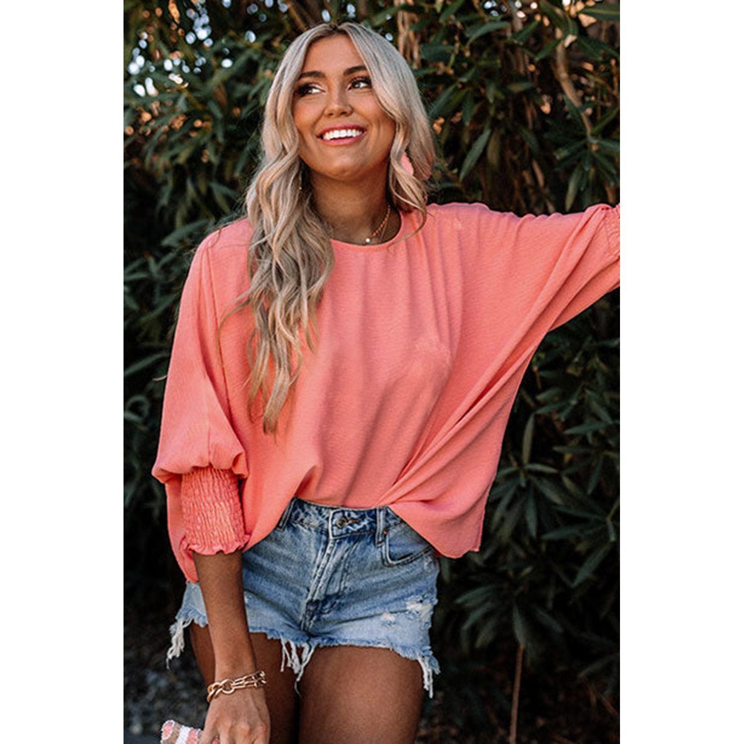 White Plain & Casual Shirred Cuffs Half Sleeve Top