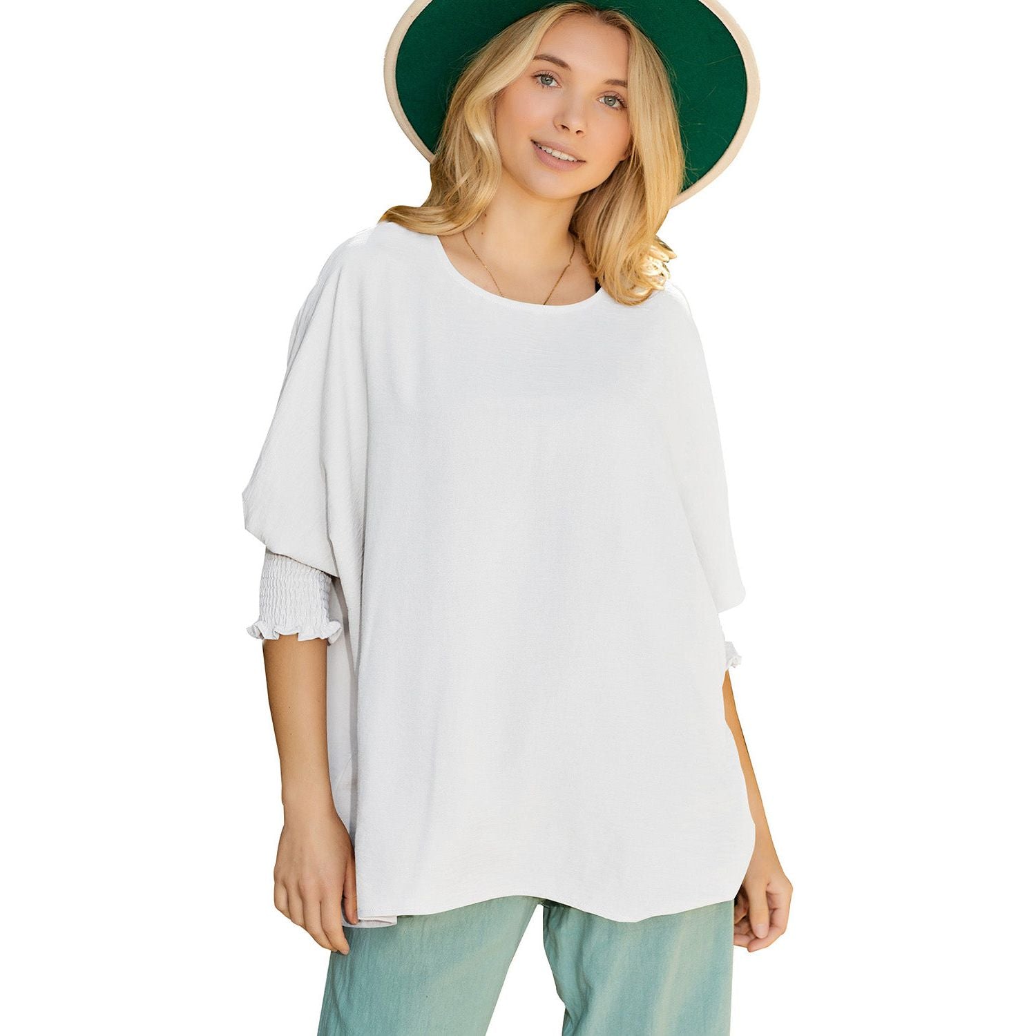 White Plain & Casual Shirred Cuffs Half Sleeve Top