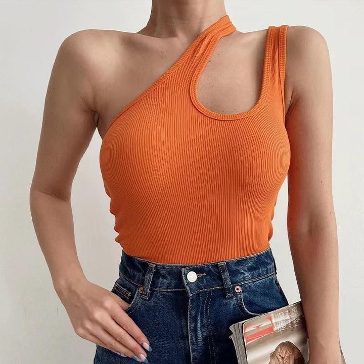 European And American Sunken Stripe Knitted Vest Solid Color Short Oblique Shoulder Irregular - Jointcorp