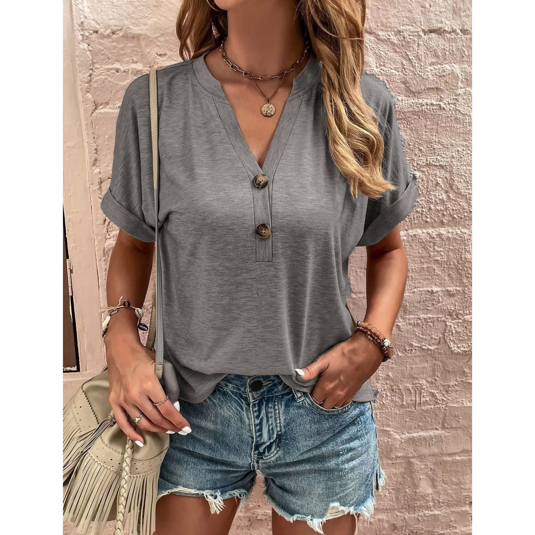 European And American Spring And Summer Solid Color Button Fashion T-shirt