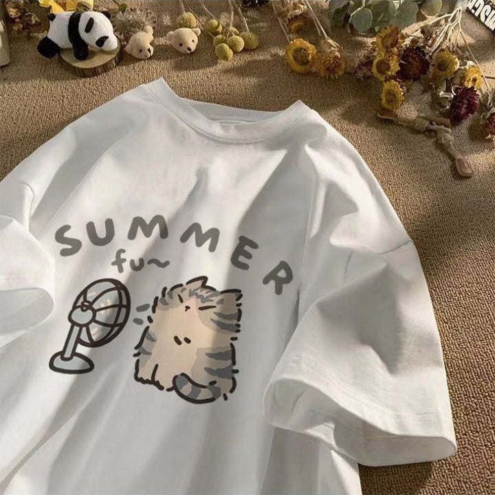 Women's Printed Hong Kong Style Half Sleeve Loose Cotton Short Sleeve