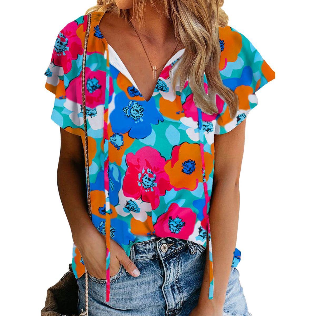 Floral Print Drawstring V-neck Short Sleeve - Jointcorp