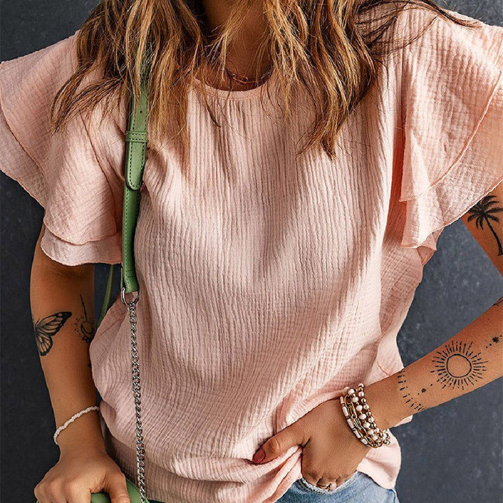 Pink Texture Layered Pleated Short Sleeves Shirt Women's Summer Fashion Loose Pullover - Jointcorp