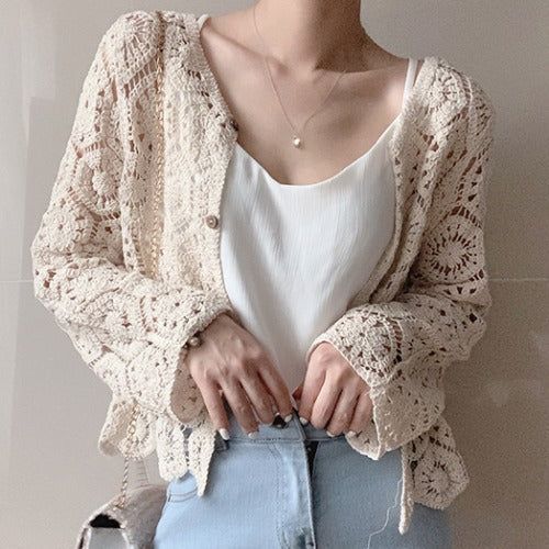 Crochet Lace Shirt Loose Sun Protection Long Sleeves