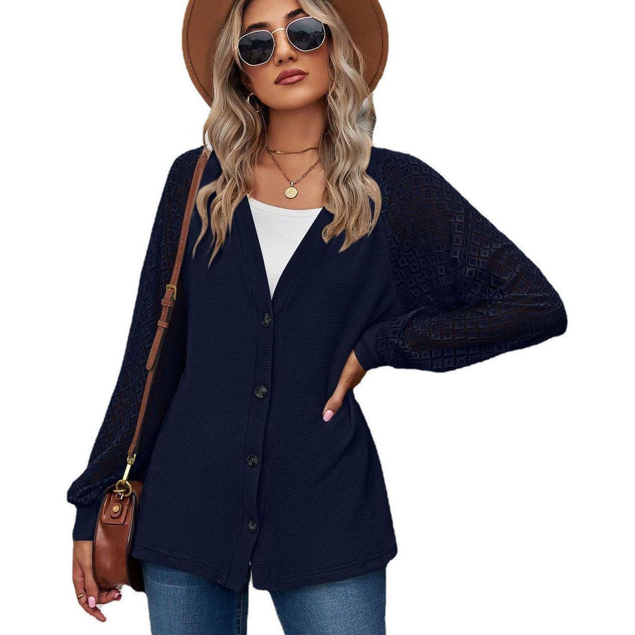 European And American Autumn And Winter Long Sleeve Solid Color Loose Button Lace Stitching Cardigan Top Women