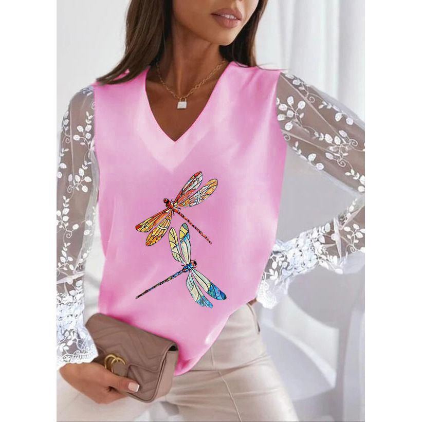 Dragonfly Printed V-neck Lace Sleeve Sun Protection Women's T-shirt Bottoming Shirt - Jointcorp