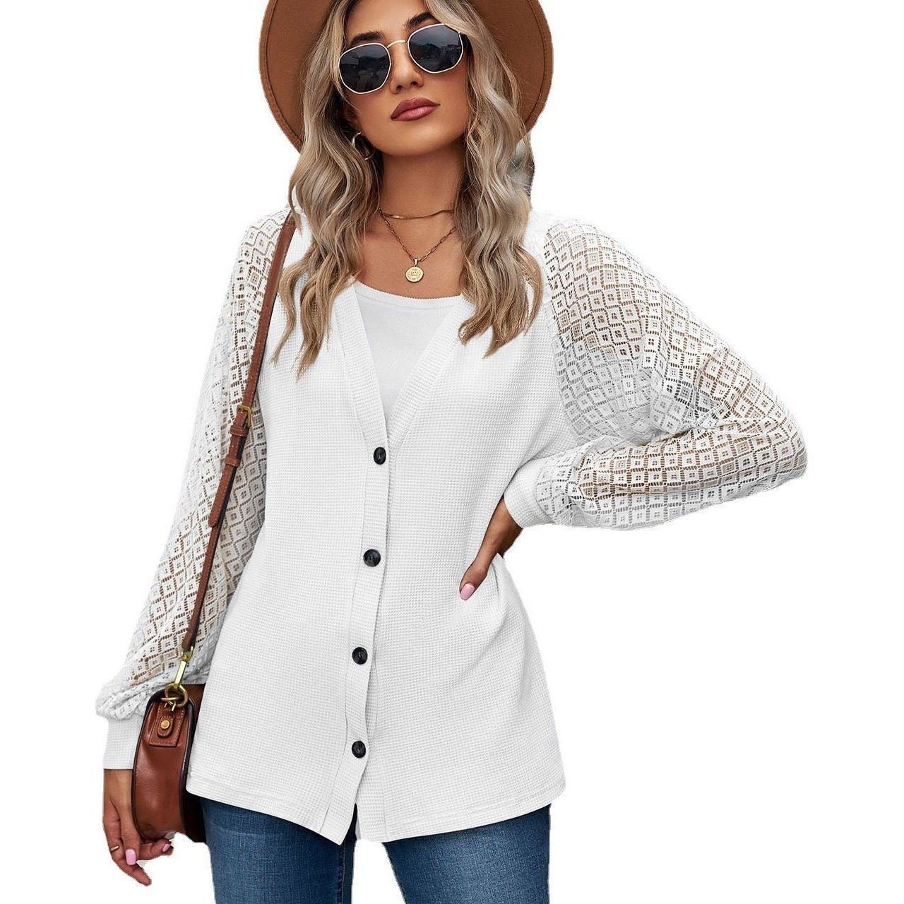 European And American Autumn And Winter Long Sleeve Solid Color Loose Button Lace Stitching Cardigan Top Women