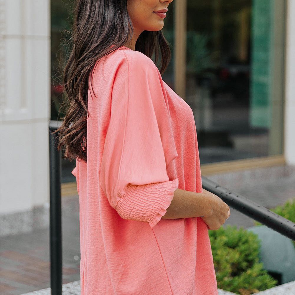 White Plain & Casual Shirred Cuffs Half Sleeve Top
