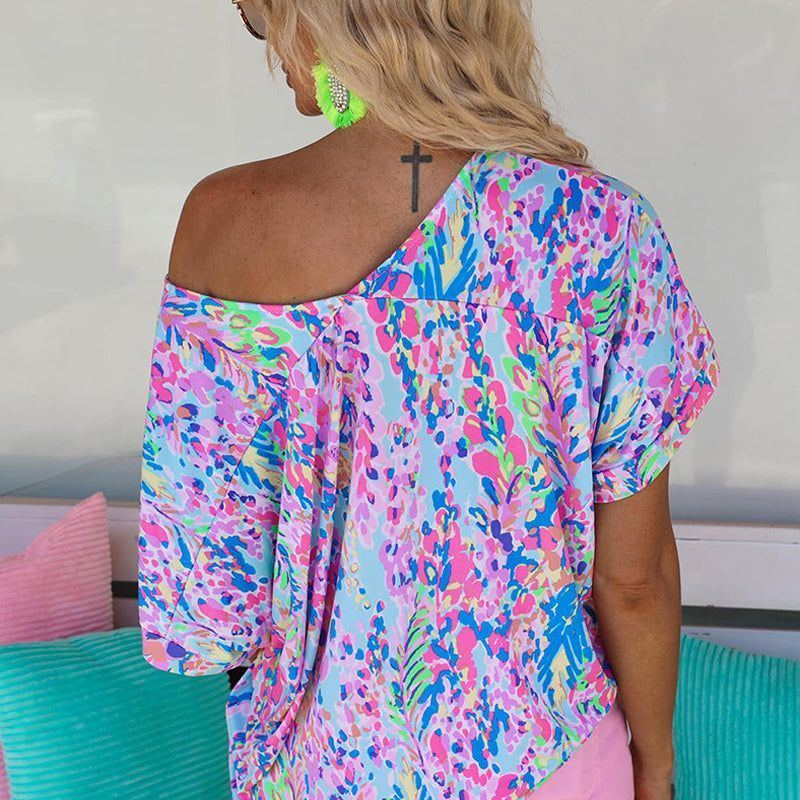 New Floral Painted T-shirt V-neck Short Sleeve Top