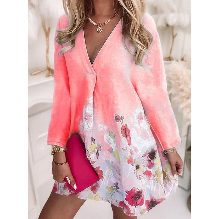 V-neck Loose Print Long-sleeved Dress - Jointcorp