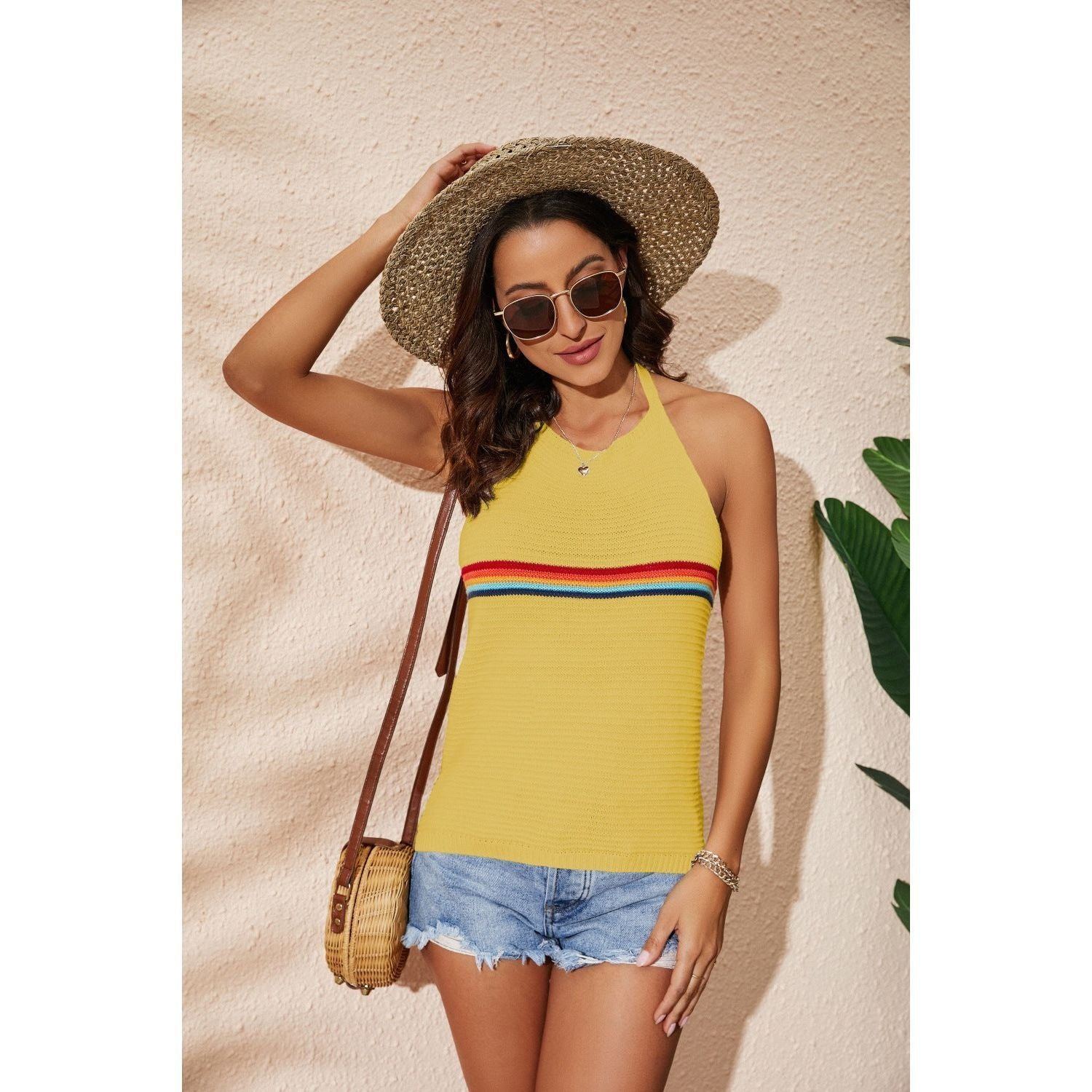 Women's Clothing Rainbow Color-blocking Halter Top Fashion Backless Knitted Lace-up Vest