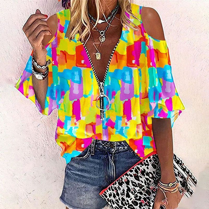 Summer New Fashion Printed Zipper V-neck Half Sleeve T-shirt For Women - Jointcorp