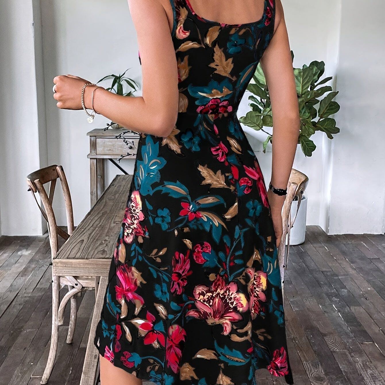 Floral Print Square Neck Tank Dress, Elegant Sleeveless Waist Dress, Women's Clothing
