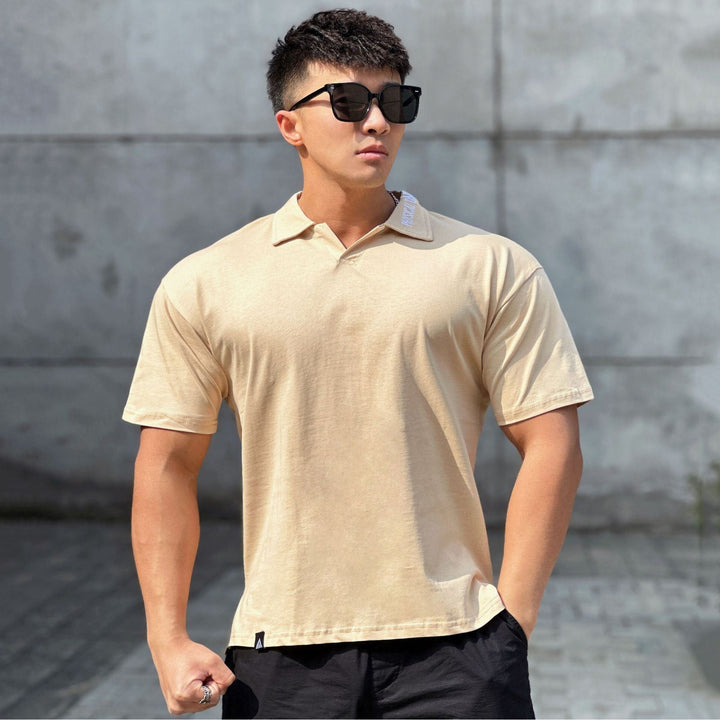 Fitness Running Loose Cotton Lapel Embroidered Thick T-shirt - Jointcorp
